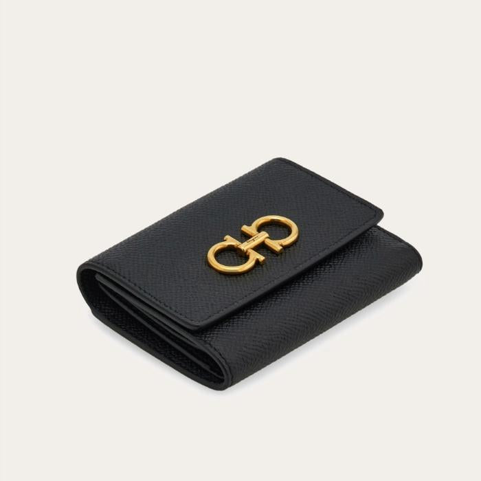 Ferragamo Black Leather Trifold Wallet Card Holder