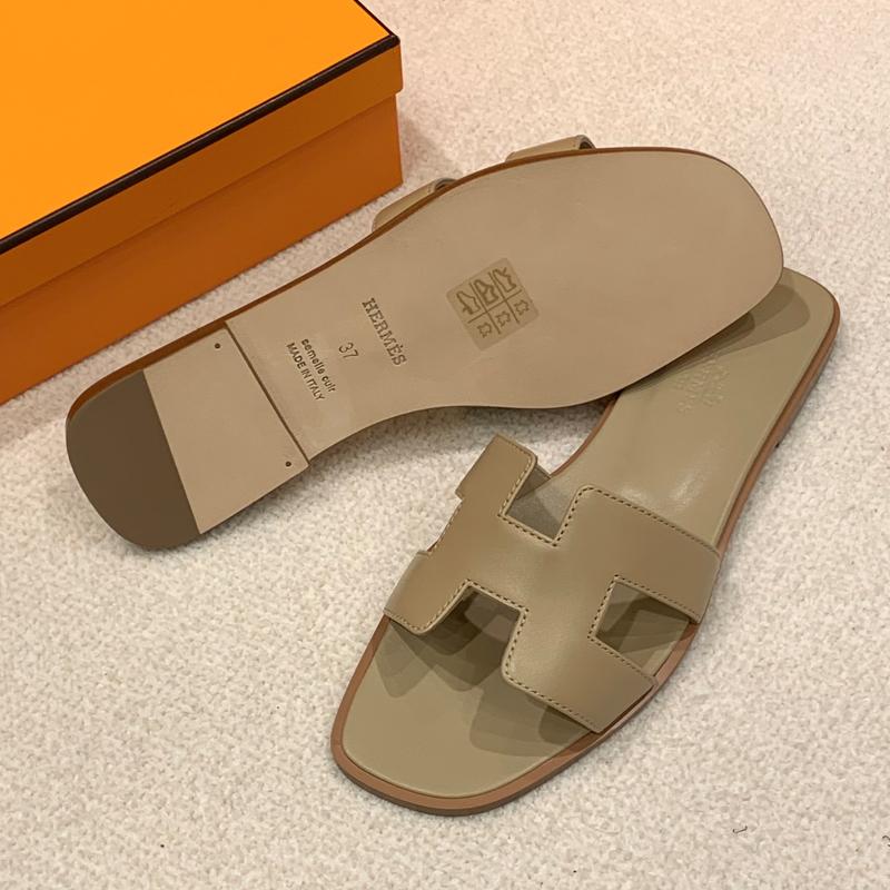 HERMES Oran Sandals Khaki Beige Calfskin Women