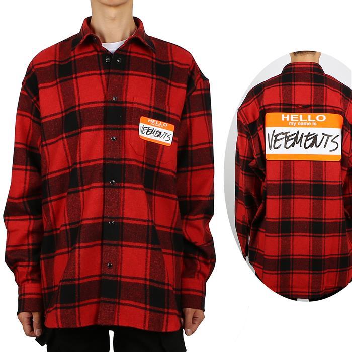 Vetements Red Check Name Tag Long Sleeve Shirt