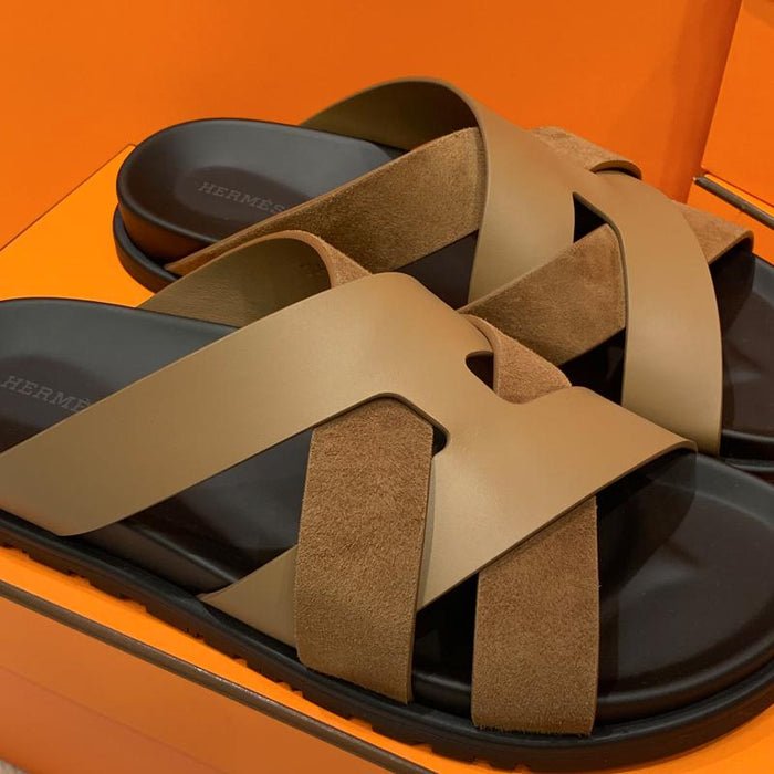 HERMES Men’s Suede Calfskin Casimir Sandals Brown
