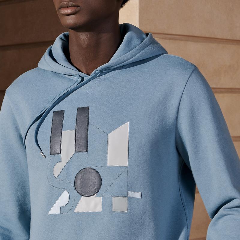 HERMES Blue Cotton Hoodie Long Sleeve with Lambskin Leather Patch