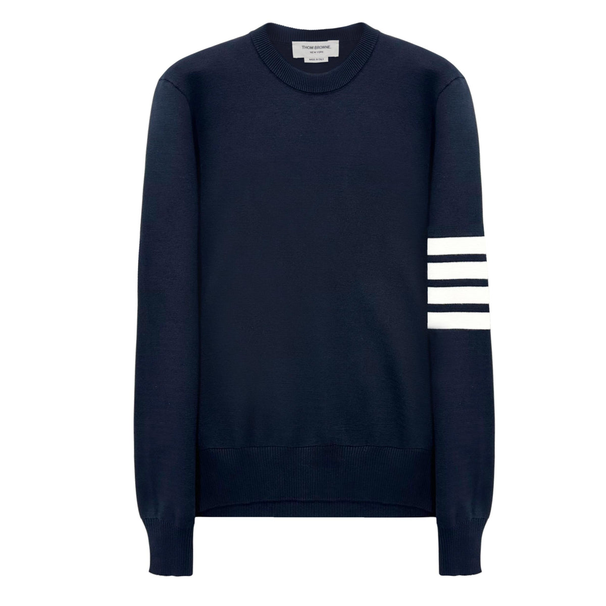 THOM BROWNE Navy Milano Stitch Armband Stripe Crewneck Knit Sweater