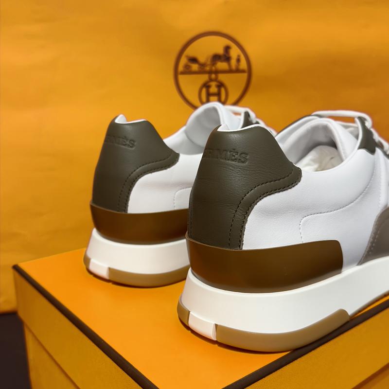 HERMES Men’s Calfskin Trail Sneakers White Brown Low-Top