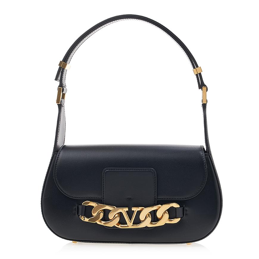 VALENTINO Garavani V-Logo Chain Shoulder Bag Black Leather