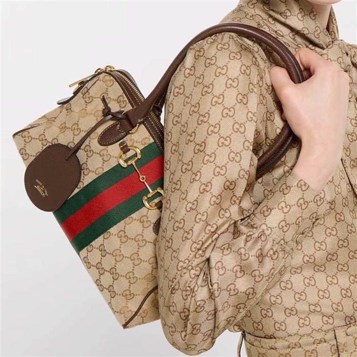 GUCCI Borsetto Medium Boston Bag Beige Canvas Leather Shoulder Bag