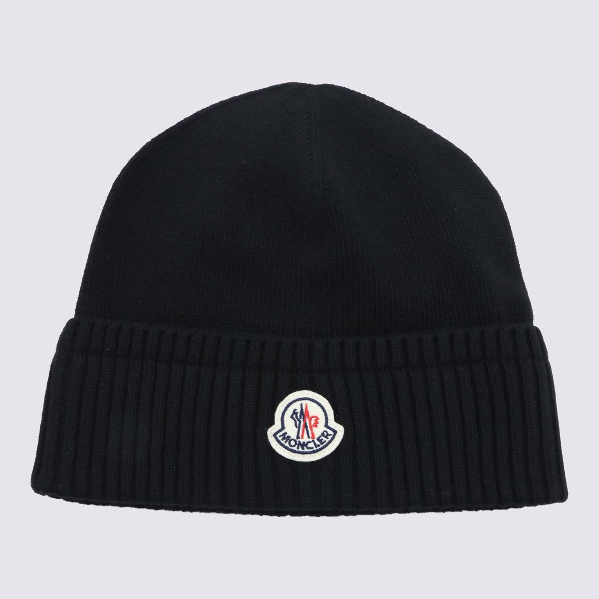 Moncler Black Wool Rib Knit Beanie Hat for Men