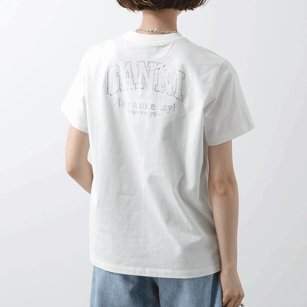 GANNI Rhinestone Short Sleeve T-Shirt Women’s White Cotton