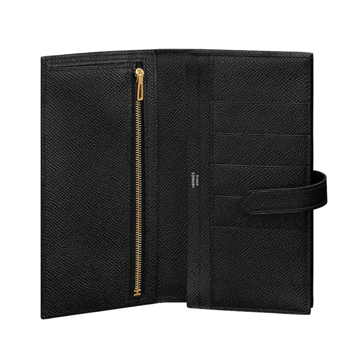 HERMES Black Epsom Calfskin Bearn Long Wallet Gold Hardware