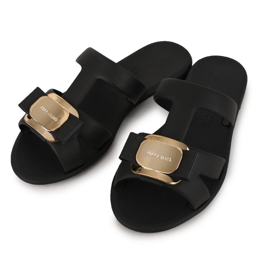 Ferragamo New Vara Plate Strap Slide Sandals Black LILOU 5 BK 779972