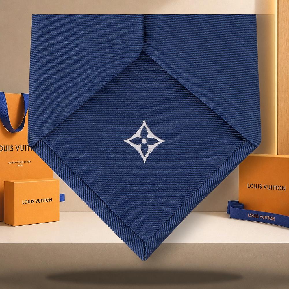 Louis Vuitton Navy Pure Silk Tie with White Jacquard Signature