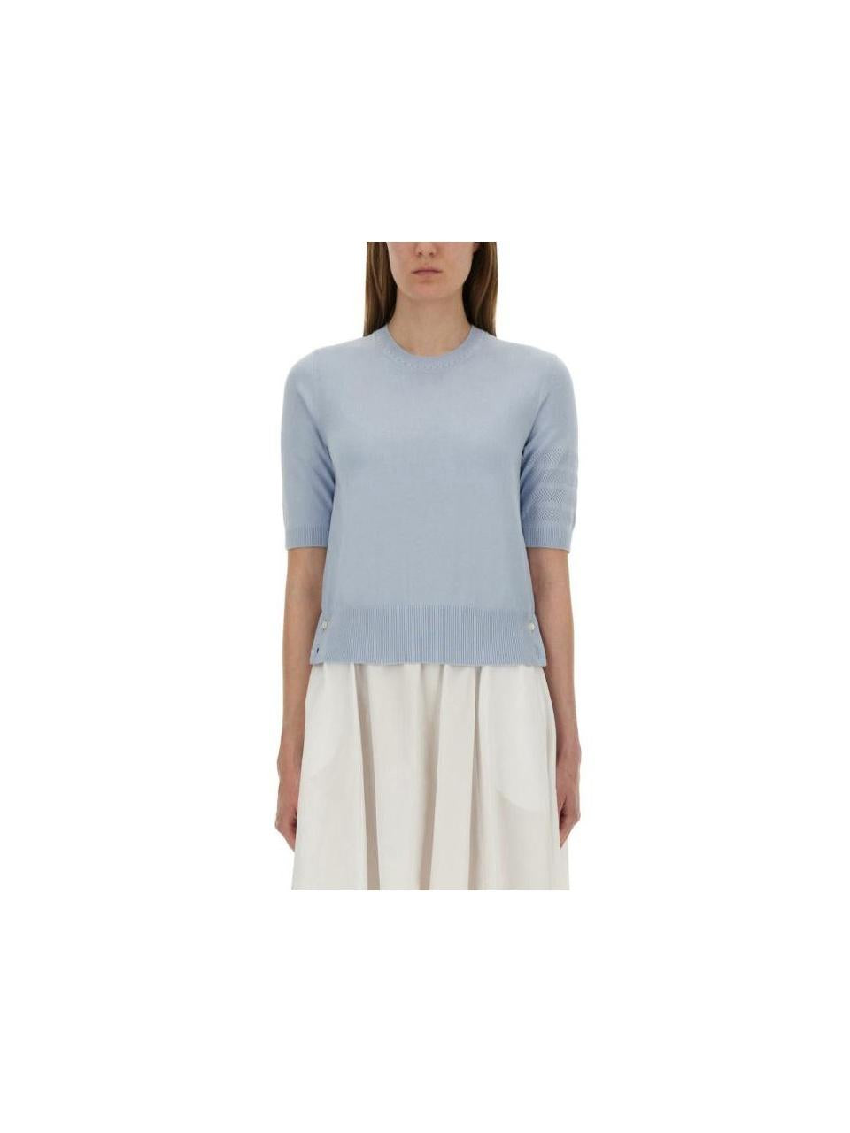 THOM BROWNE Jersey Stitch Pointelle 4-Bar T-Shirt Navy Women