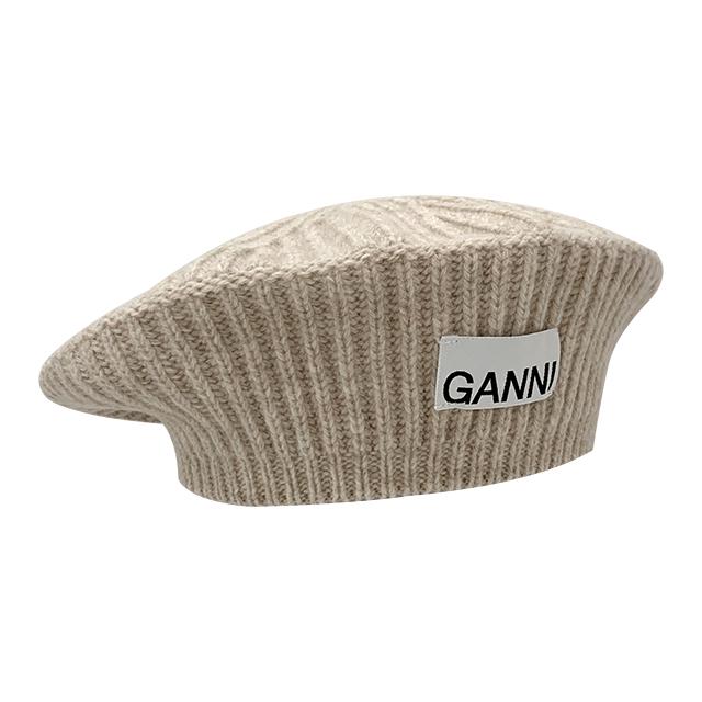 GANNI Logo Label Loose Wool Rib Knit Beret
