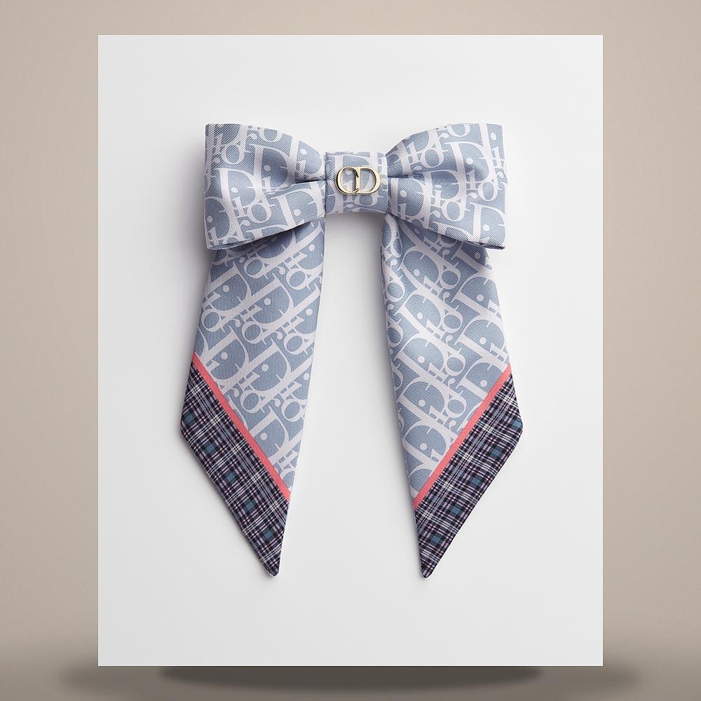 DIOR Blue Sky Tartan Twist Large Bow Silk Twill Scarf
