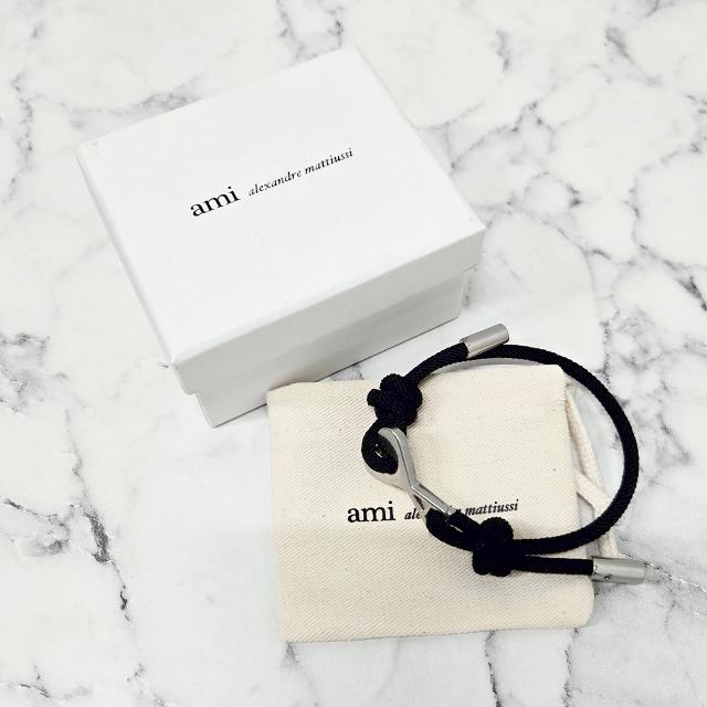 AMI Silver Heart Logo Link Black Cord Knot Bracelet UJW456 HW0021 9002
