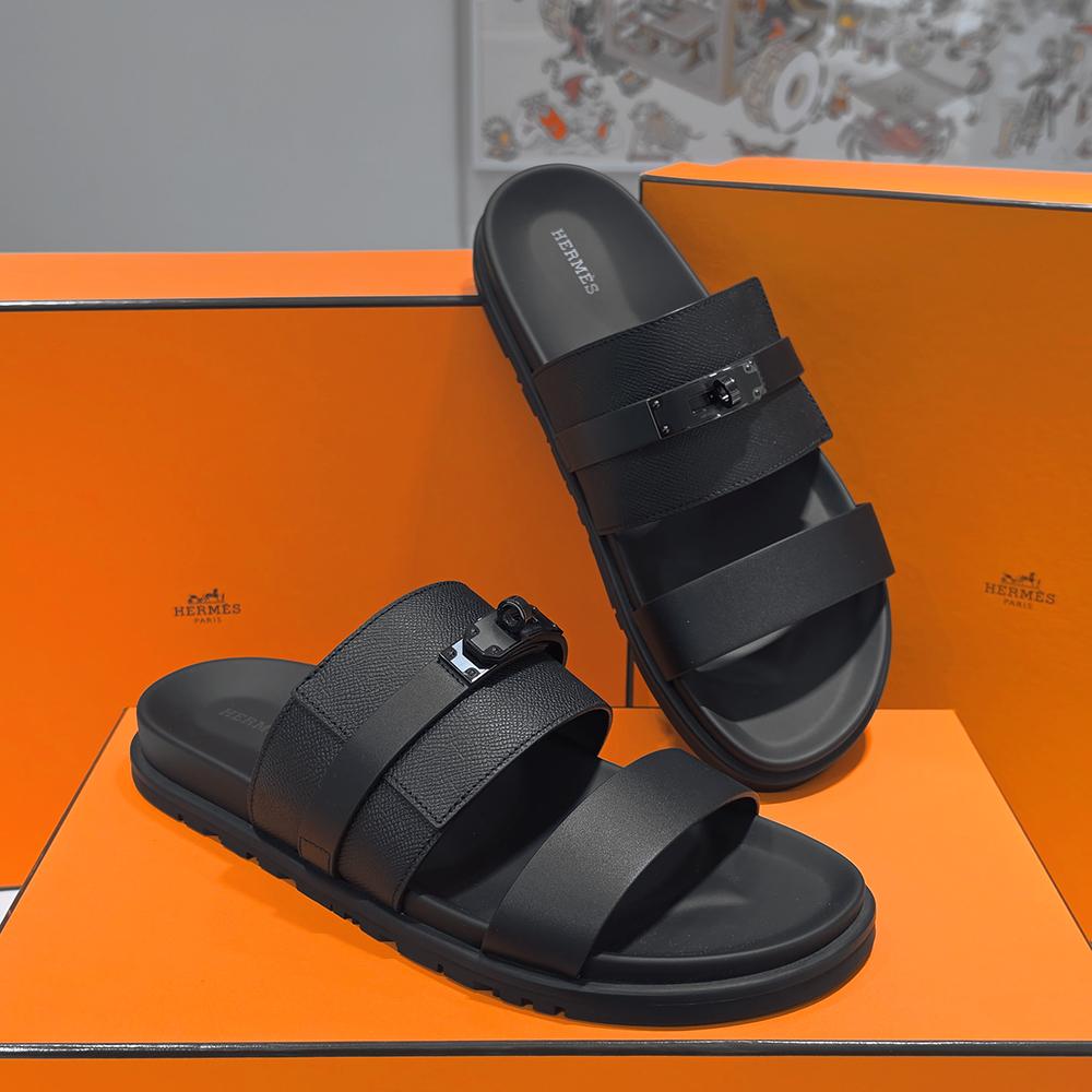 HERMES So Black Epsom Calfskin Mix Jackson Sandals for Men