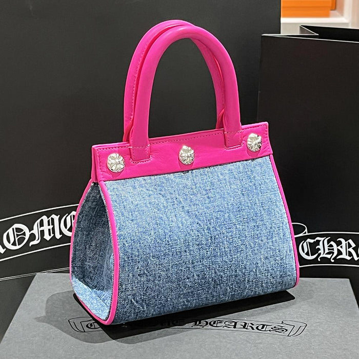 Chrome Hearts Denim Drew Mini Tote Handbag with Multicolor Cross Patches