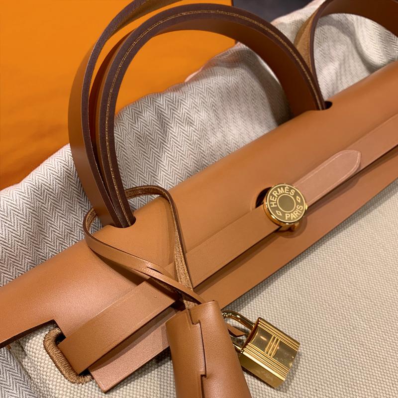 HERMES Herbag 31 Shoulder Tote Bag Beton Canvas Gold Hardware