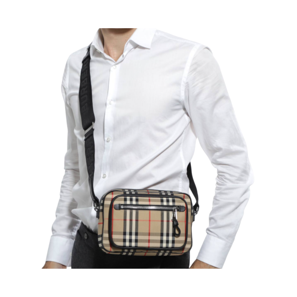 BURBERRY Vintage Check Leather Crossbody Bag Men Archive Beige
