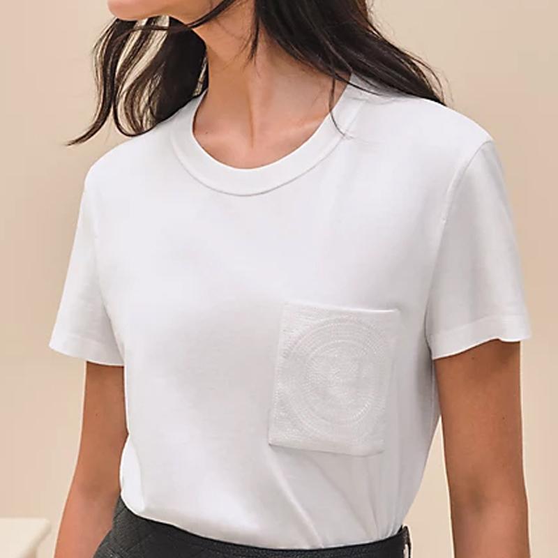 HERMES Cotton Jersey Pocket Mosaic Embroidered T-Shirt White