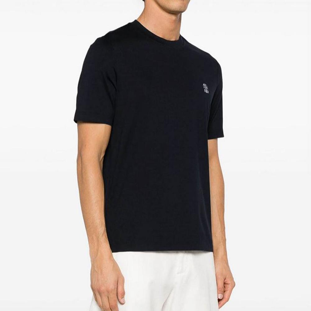 Brunello Cucinelli Logo Cotton Jersey Crewneck T-Shirt Blue White