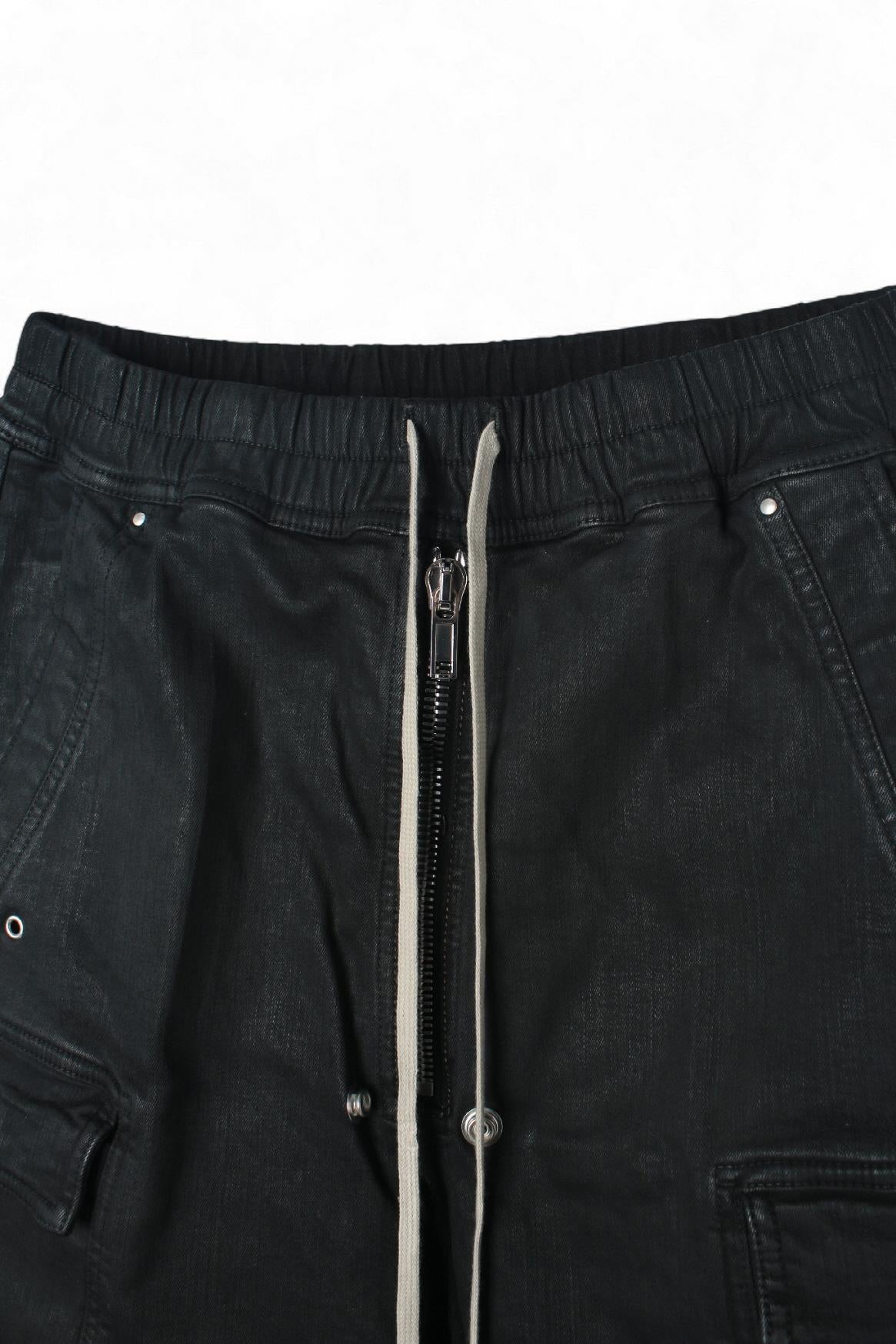 Rick Owens DRKSHDW Black Wax Stretch Denim Double Cargo Jumbo Belas Pants