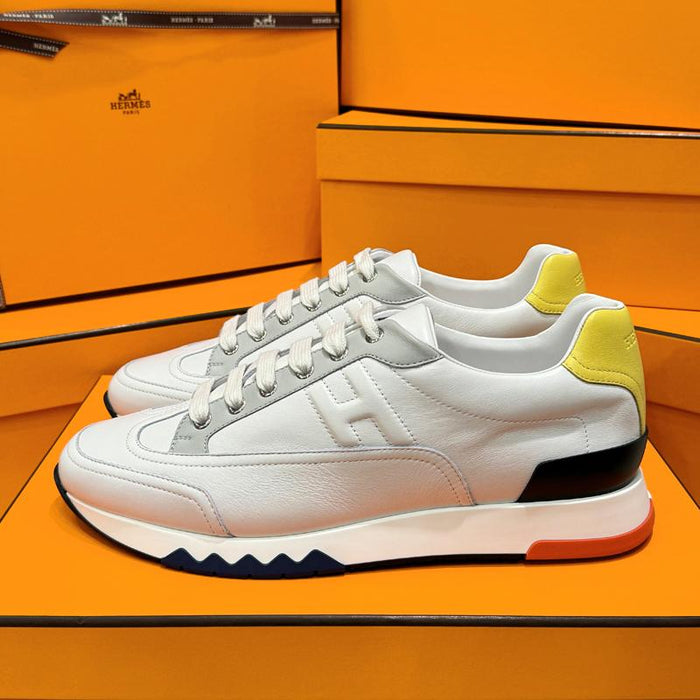 HERMES Men’s Calfskin Trail Sneakers White Yellow Multi Low-Top