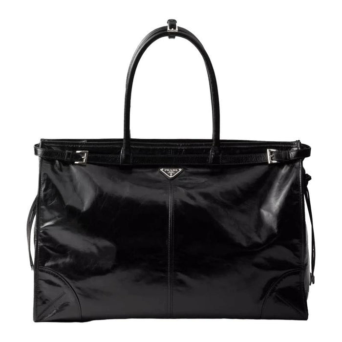 PRADA Triangle Logo Leather Tote Bag Black