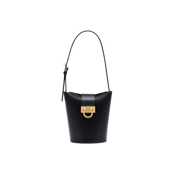 Ferragamo Gold Gancini Trifolio Black Leather Shoulder Bag