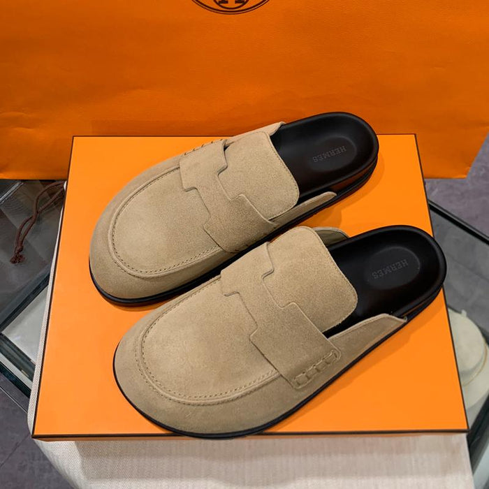 HERMES Men’s Suede Calfskin Beige Go Mule Sandals