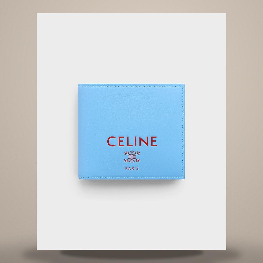 CELINE Bifold Card Holder Soft Lambskin Blue Sky Red Wallet 10C873R24 GLK5