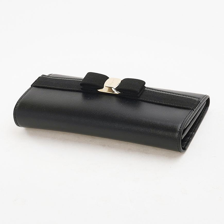 Ferragamo Vara Bow Long Wallet Black Leather Women’s