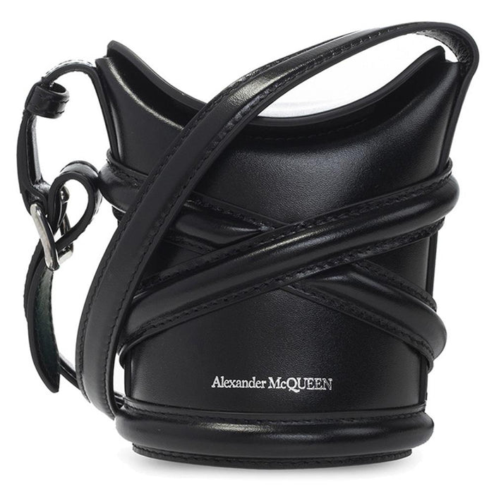 Alexander Mcqueen Logo Curve Micro Bucket Bag Black Leather Crossbody