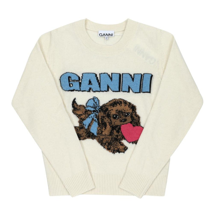 GANNI Fluffy Puppy Logo Wool Blend Crewneck Sweater