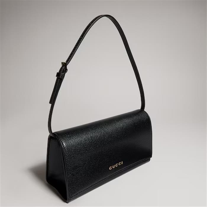 GUCCI Lettering Mini Pouch Black Leather Zip Clutch
