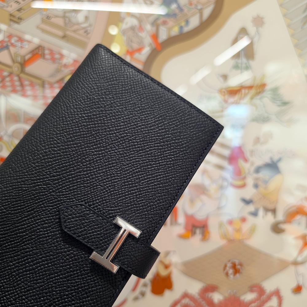 HERMES Epsom Leather Bearn Long Wallet Black Palladium Hardware