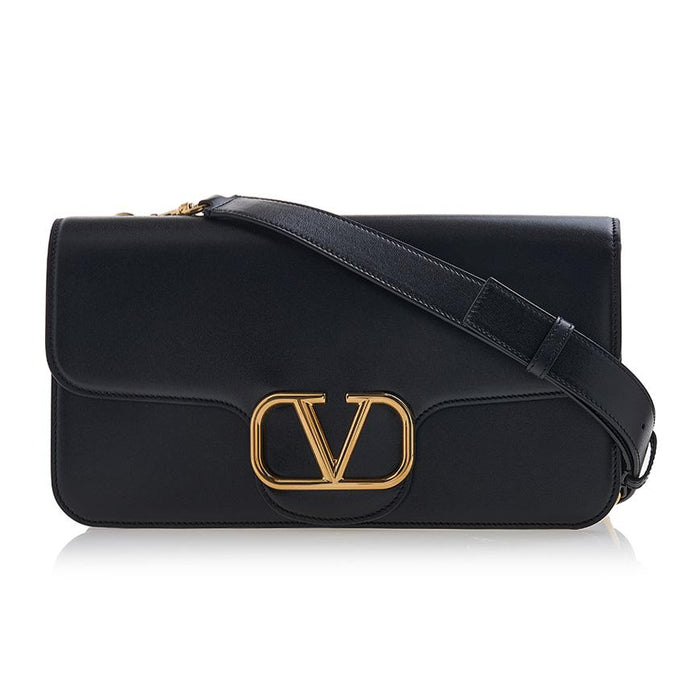 VALENTINO V Logo Signature Leather Shoulder Bag Black