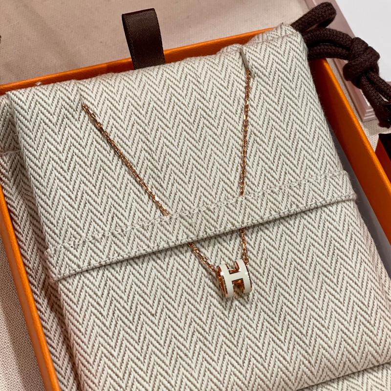 HERMES Mini Pop H Necklace White Rose Gold Pendant Women