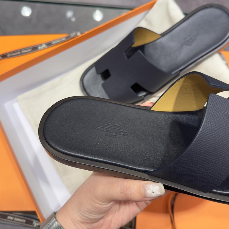 HERMES Izmir Sandals Calfskin Epsom Leather Navy Men's Slippers