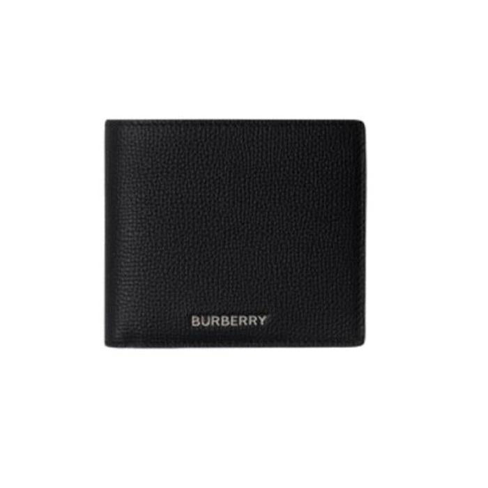 BURBERRY Men’s Grain Leather Bifold Wallet Black Silver Logo Check Lining