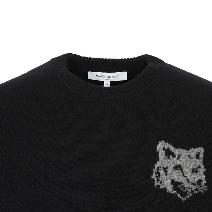 Maison Kitsune Fox Head Wool Crewneck Sweater Men Gray PM00816 KM0329 0391