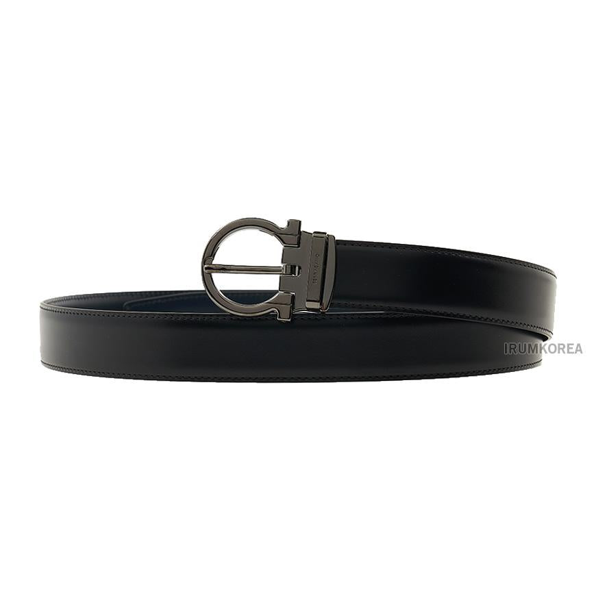 Ferragamo Men’s Reversible Gancini Leather Belt Black/Navy