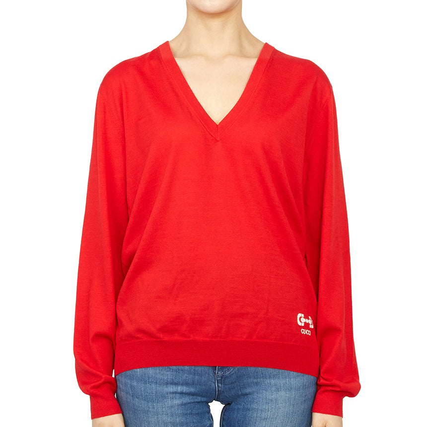 GUCCI Horsebit Red Wool V-Neck Sweater for Women