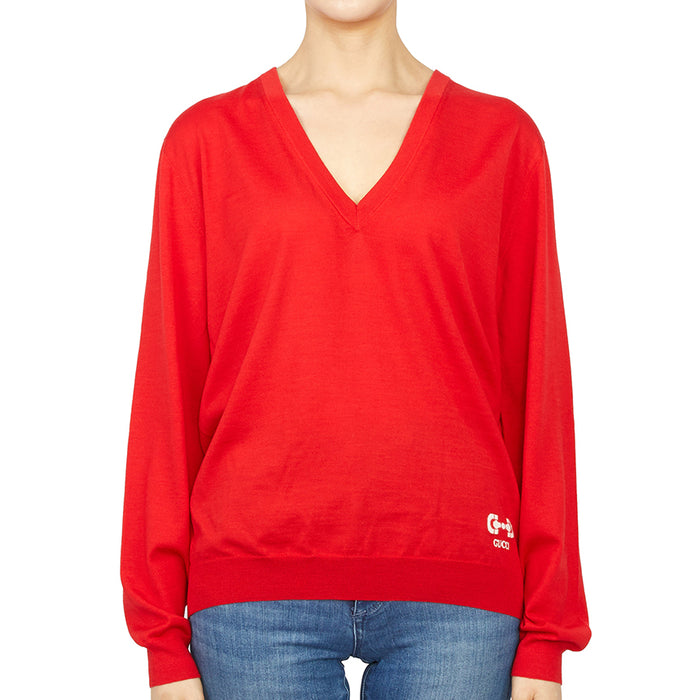 GUCCI Horsebit Red Wool V-Neck Sweater for Women