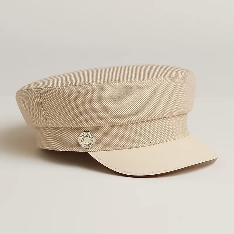 HERMES Beige Plain Air Cap Calfskin Cotton Unisex Hat