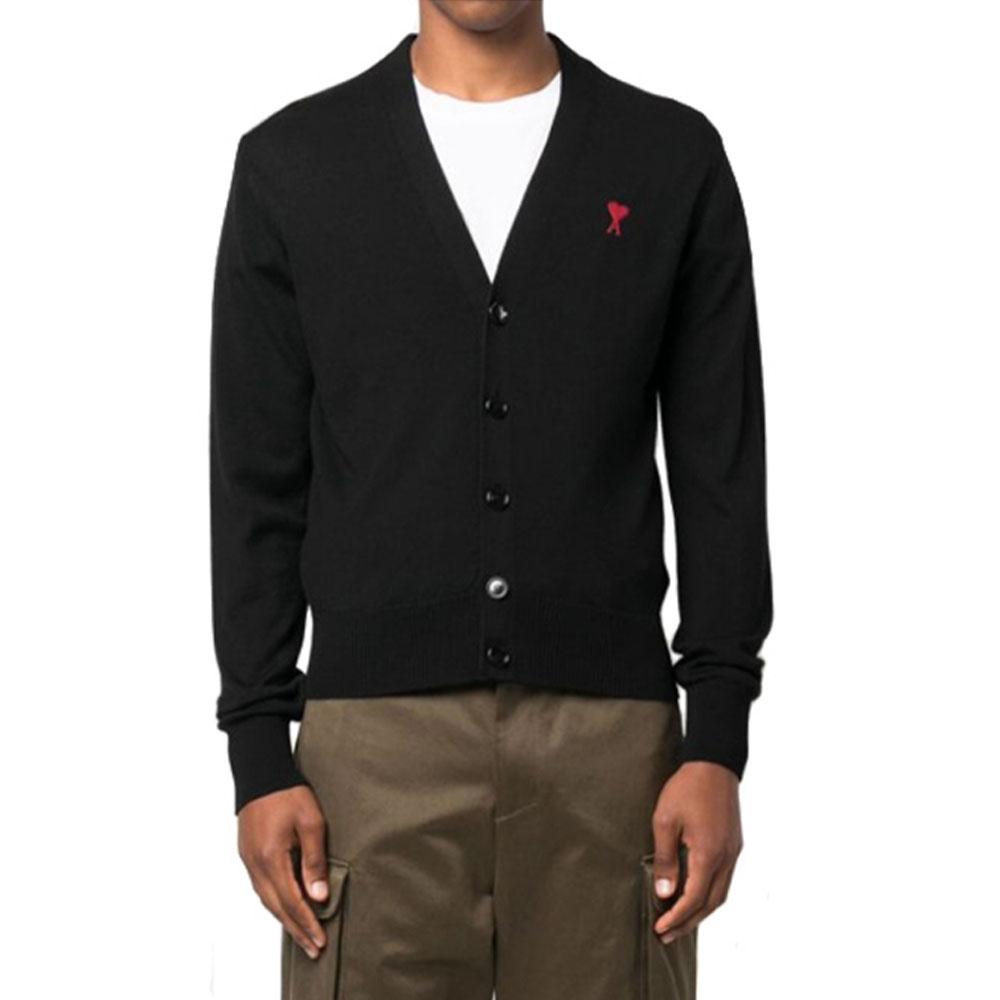 AMI Men’s Heart Logo Merino Wool Cardigan Black HKC111 KN0025