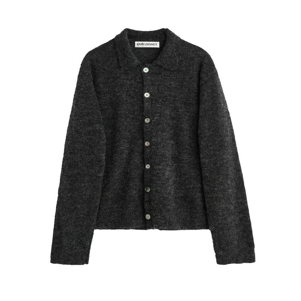 OUR LEGACY Charcoal Melange Fuzzy Alpaca Evening Polo Cardigan M2263 EC