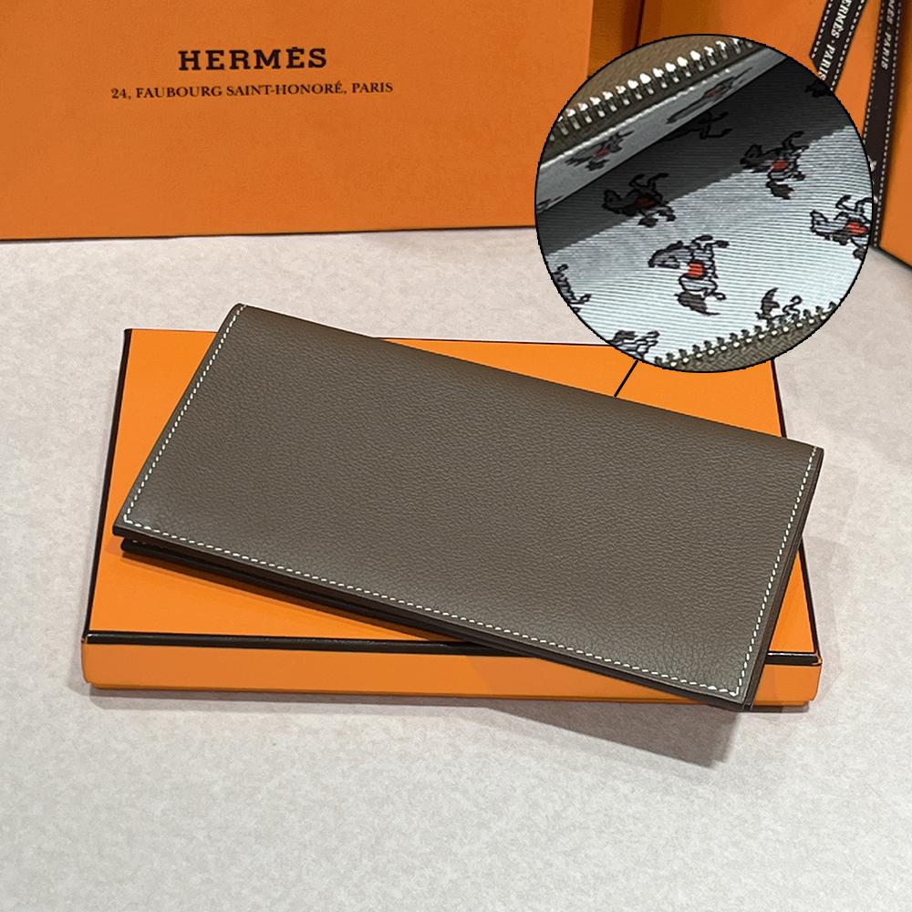HERMES Epsom Leather Long Wallet Etoupe Citizen Twill Graphic Lining
