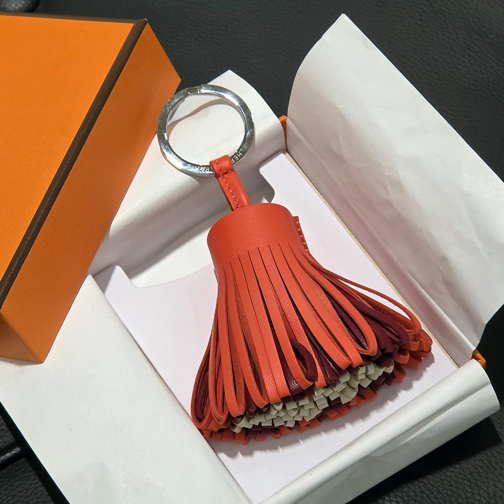 HERMES Tricolor Red Burgundy Ivory Carmen Tassel Keychain Keyring