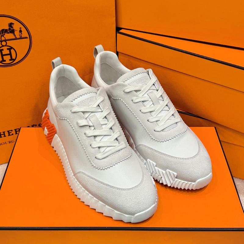 HERMES Men’s Bouncing Sneakers Calf Goatskin Suede White Orange