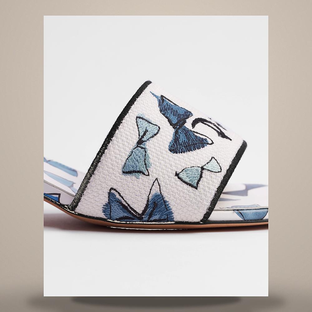 DIOR Dioriviera Dway Bow Embroidered Cotton Blue White Heeled Sli KCO611BOW S60W